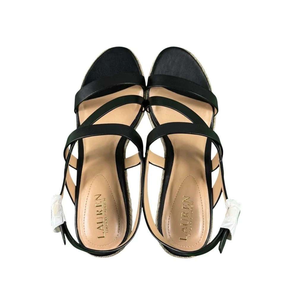 Lauren Ralph Lauren Haleigh Black Leather Platform Wedge Sandals Womens 11B NIB